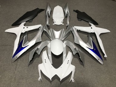 2008-2010 Blanco Brillante Con Fondo Negro Mate Plateado & Azul GSXR 600-750 Carenado