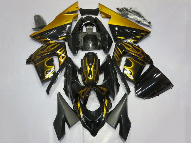 Carenados Moto Kawasaki ZX10R 2004-2005 - Negro Brillante Oro Llama Asequibles