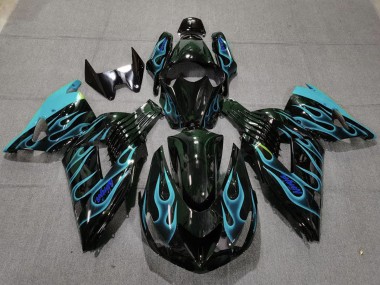 Carenados Moto Kawasaki ZX14R 2006-2011 - Negro Brillante Azul Claro Llama Asequibles