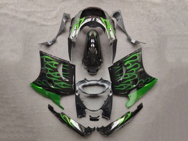 Carenados Moto Kawasaki ZZR1100 1993-2003 - Negro Brillante Verde Llama Asequibles