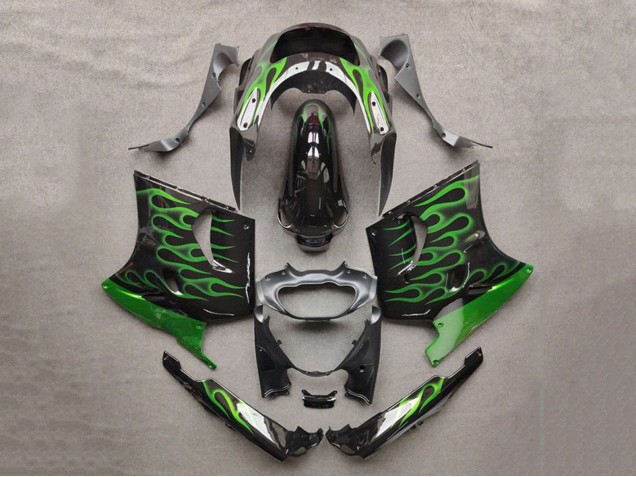 Carenados Moto Kawasaki ZZR1100 1993-2003 - Negro Brillante Verde Llama Asequibles