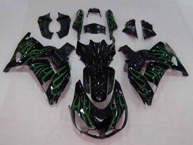 Carenado Moto Kawasaki ZX14R ZZR1400 2006-2011 - Negro Brillante Verde Llama Asequibles