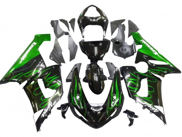 Carenado Moto Kawasaki ZX6R 2005-2006 - Negro Brillante Verde Llama Asequibles