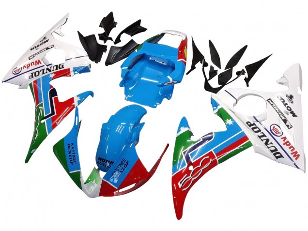 Carenados Moto Yamaha YZF 600 R6 2005 - Azul Claro Blanco Verde Rojo Kastinee Dunlop Motul Asequibles