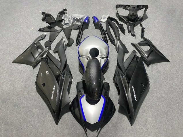 Carenados Moto Yamaha YZF R3/R25 2019-2021 - Negro FibraCarbono Estilo Plata Azul Asequibles