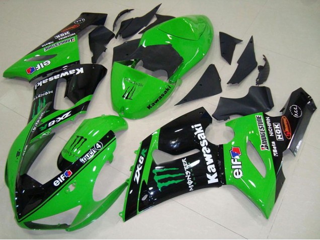 Carenados Moto Kawasaki ZX6R 2005-2006 - Verde Negro Brillante Elf Monstruo Asequibles