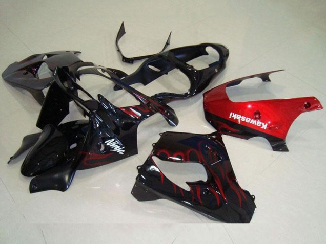 Carenado Moto Kawasaki ZX9R 2000-2001 - Negro Brillante Rojo Llama Asequibles