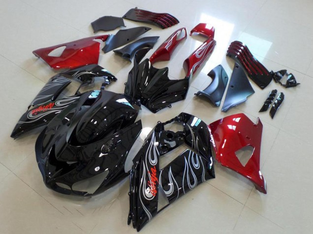 Carenados Moto Kawasaki ZX14R ZZR1400 2006-2011 - Rojo Negro Brillante Plata Llama Asequibles