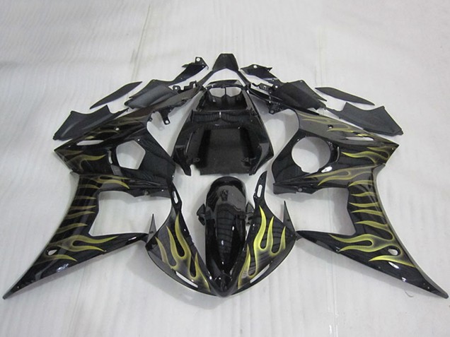 Carenados Moto Yamaha YZF R6 2003-2004 - Negro Brillante Oro Llama Asequibles