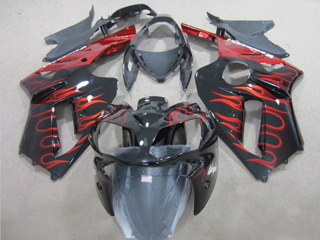 Carenado Moto Kawasaki ZX6R 2007-2008 - Negro Rojo Llama Asequibles