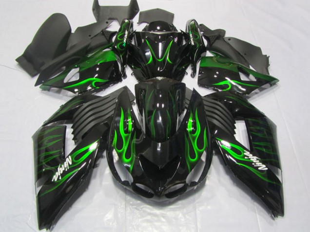 Carenados Moto Kawasaki ZX14R ZZR1400 2006-2011 - Negro Brillante Verde Llama Asequibles
